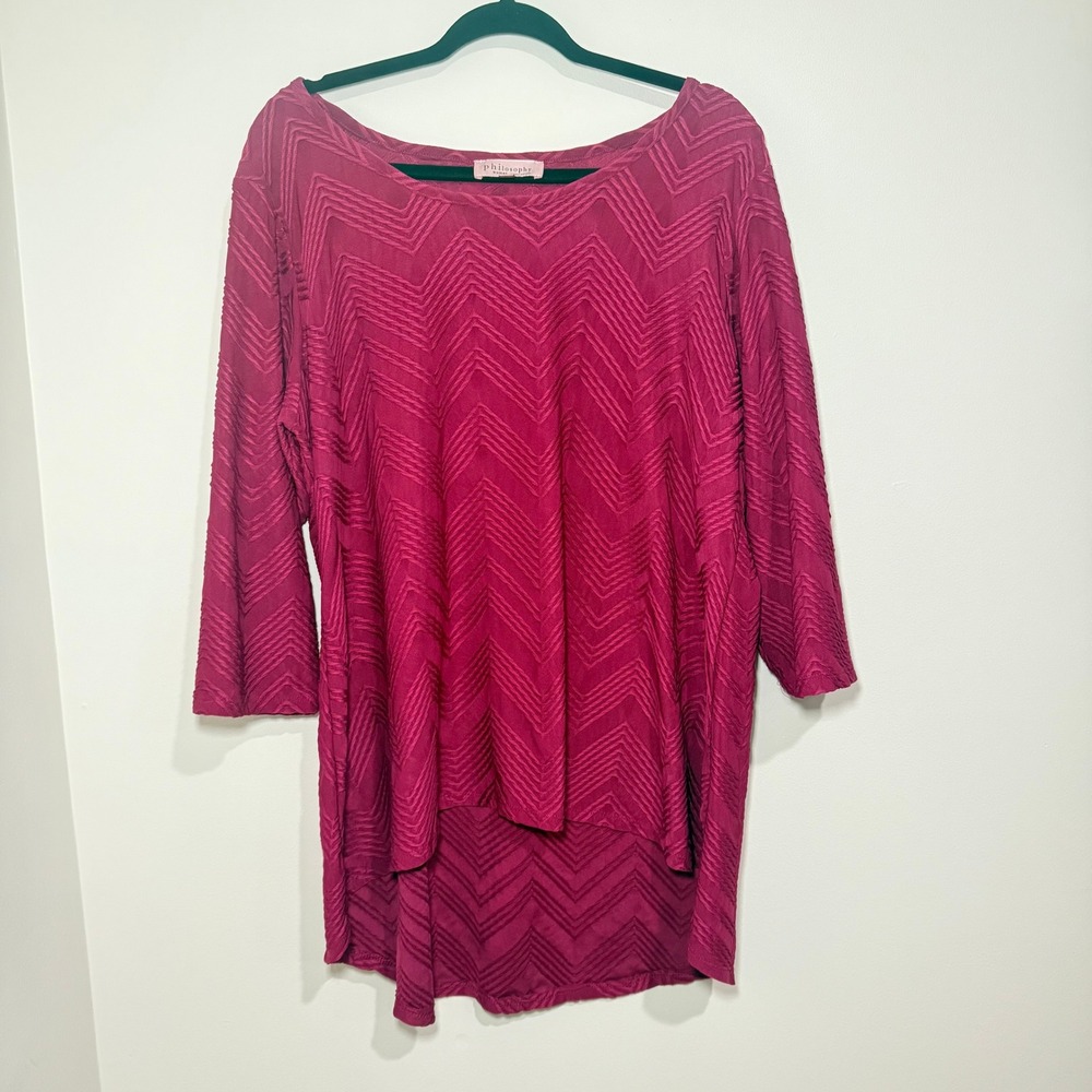 Philosophy Woman 2X Fuchsia Chevron Textured Tunic Top‎ 3/4 Sleeve Plus